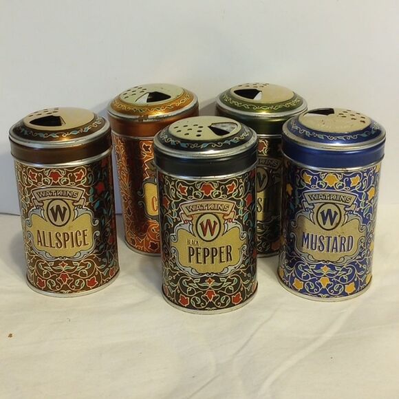 5 Vintage Watkins Tin Spice Containers; Cayenne, Black Pepper, Basil & Mustard - Picture 1 of 9
